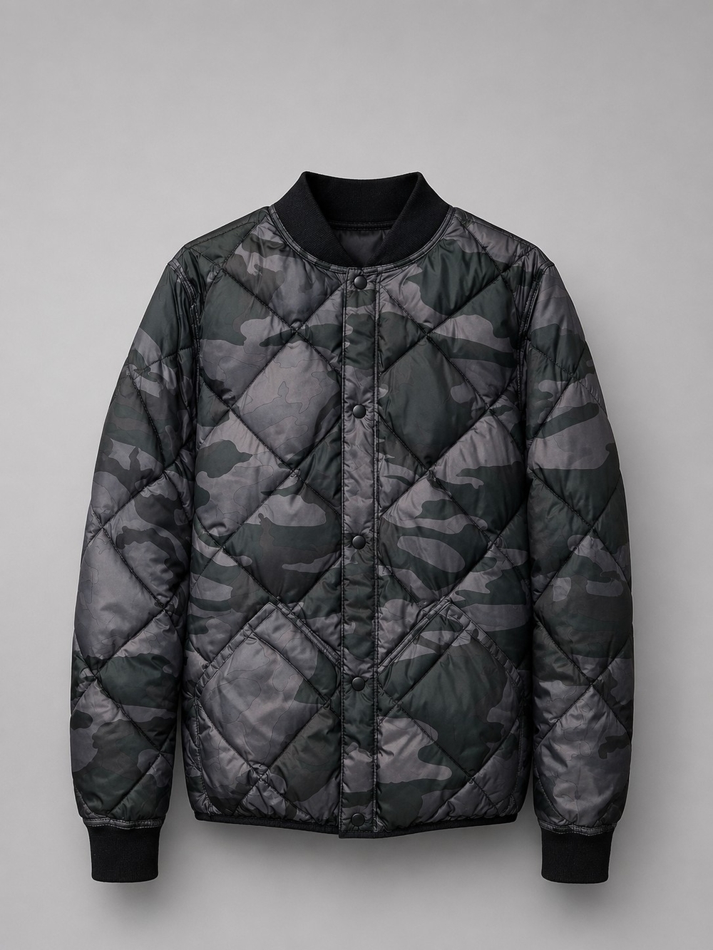 Calvin Klein Reversible Quilted Bomber Jacket in Black and Gray Camo - Picture 3 of 8